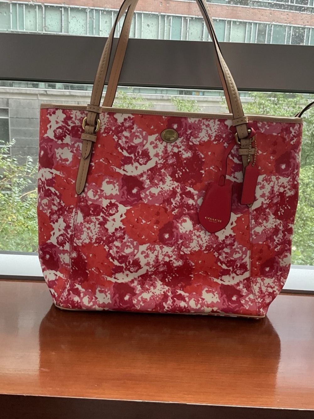 Coach Pink Red Floral Print Tote with Tan Straps